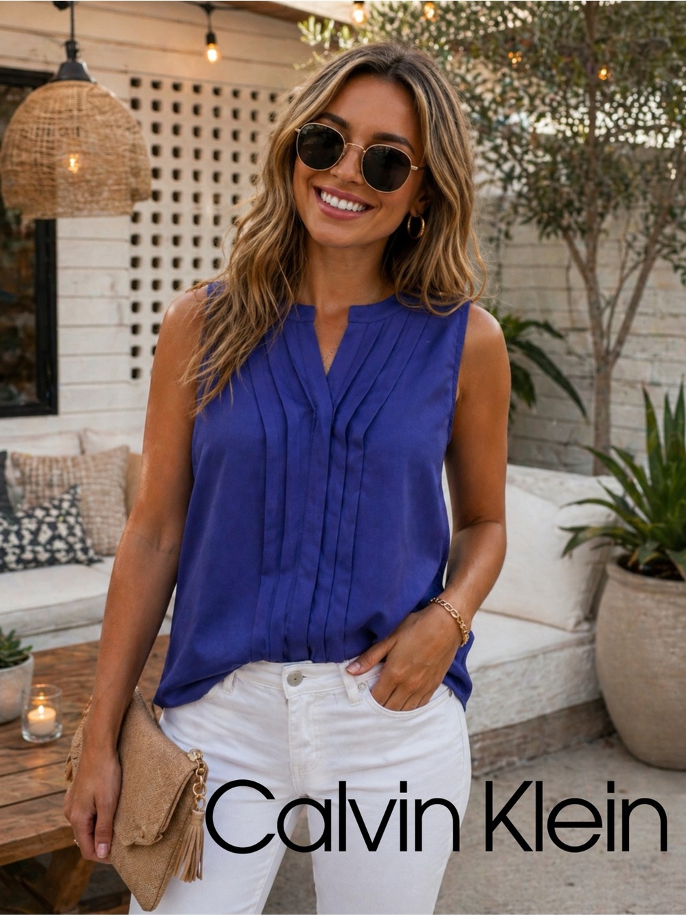 💜💜 Calvin Klein Purple Pleated Tank Blouse | Sleeveless V-Neck | Small